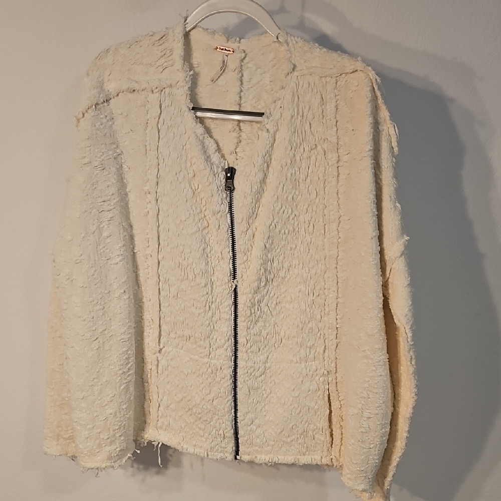 Free People Ivory Teddy Sherpa Zip Jacket Sz L New